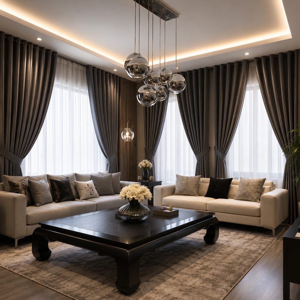 Charcoal curtains in a Dubai majlis