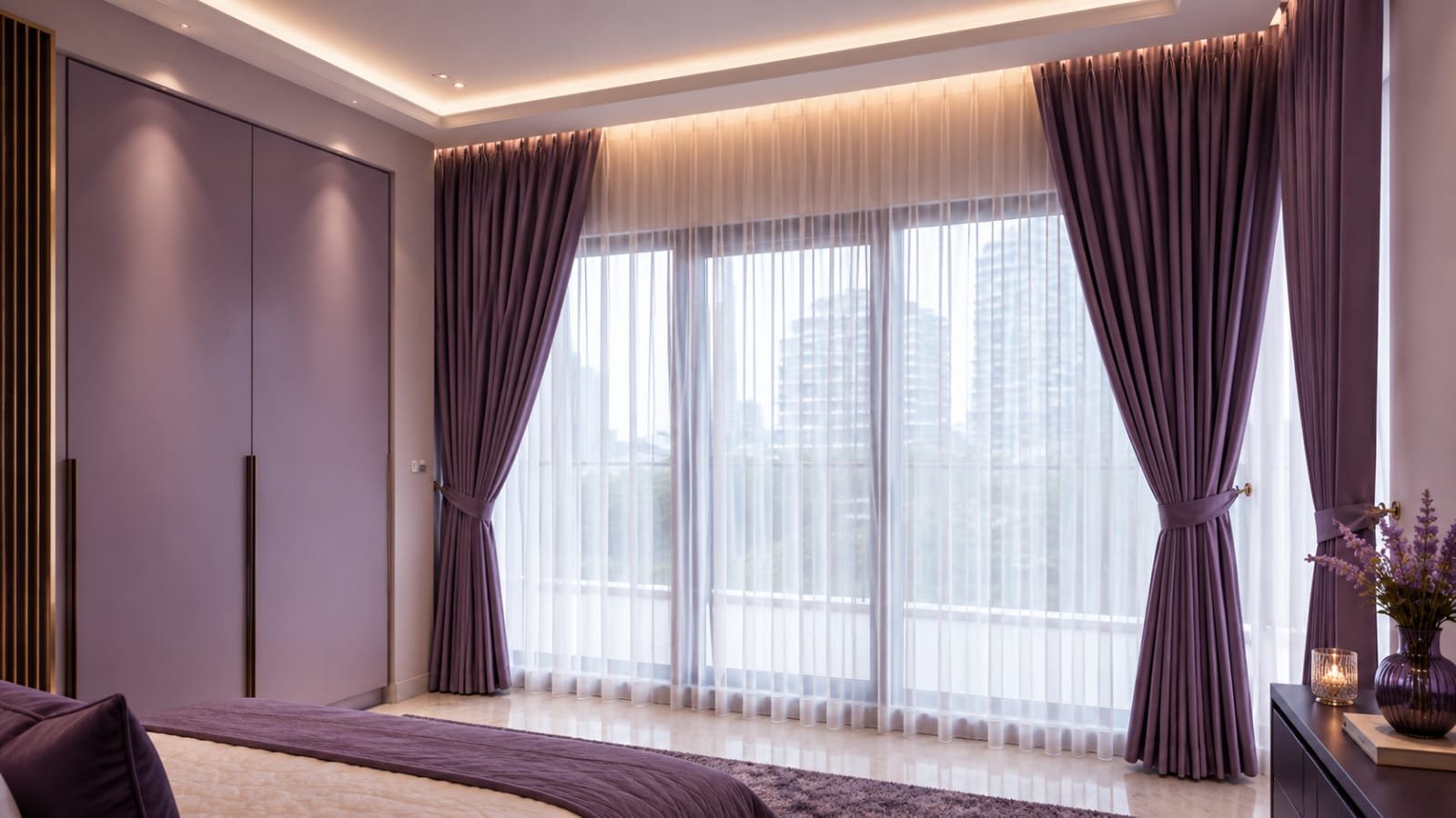 Lilac bedroom scheme with fitted wardrobe