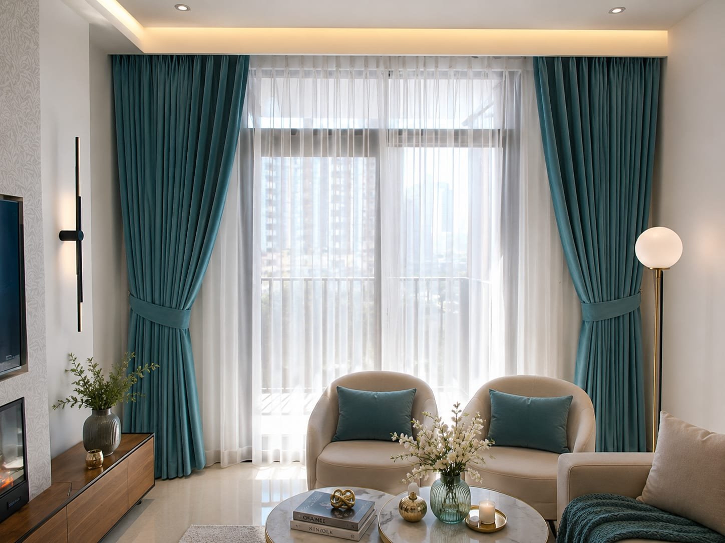 Teal curtains in a Dubai living room